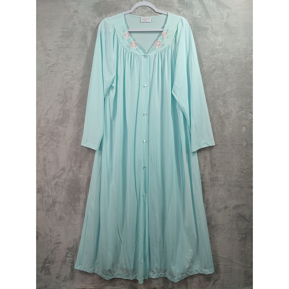 Shadowline Vintage Aqua Blue Floral Embroidered Button Front Nightgown Pockets